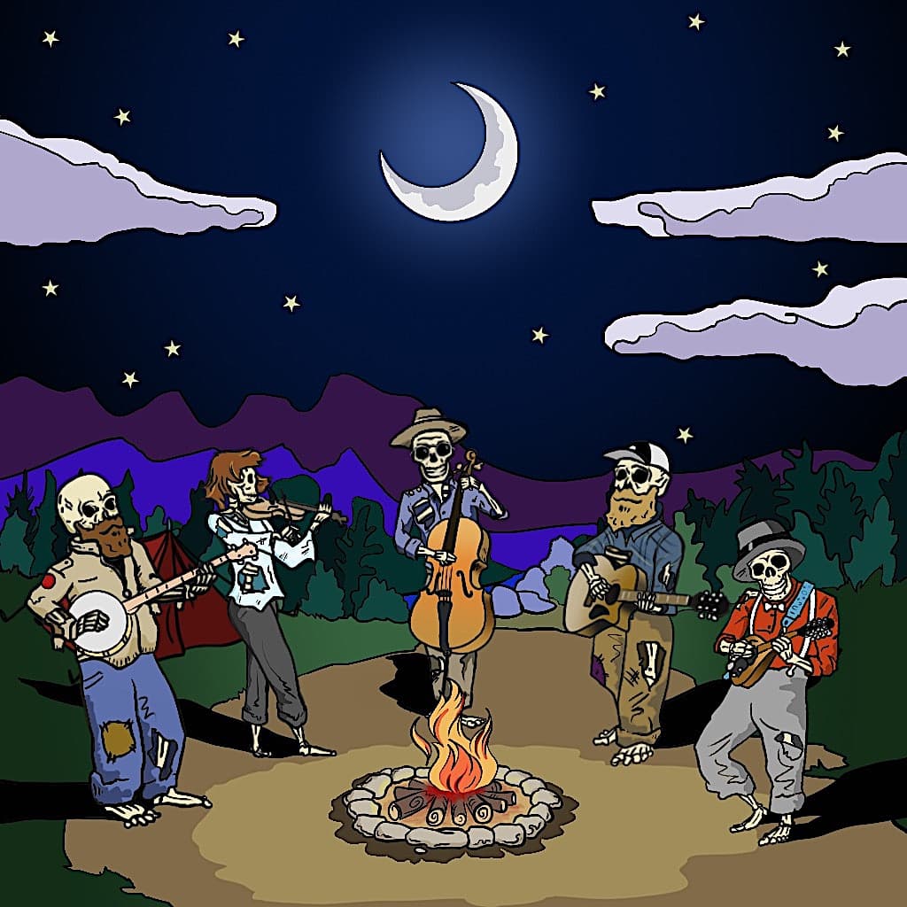 Cartoon drawing of skeletons playing bluegrass instruments around a campfire